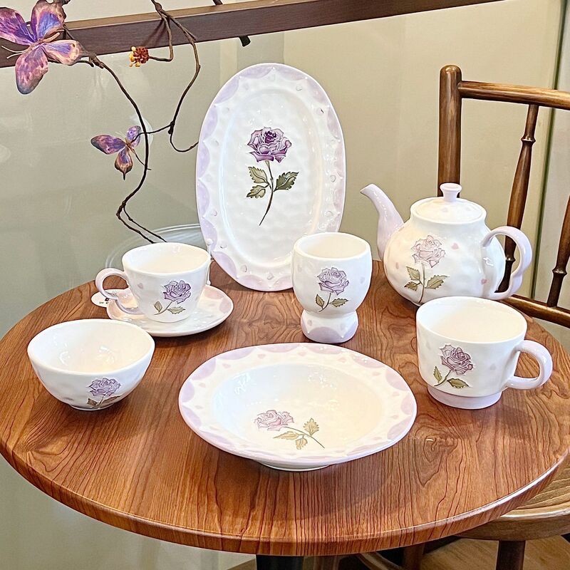 紫玫瑰陶瓷套装高级感 高端碗盘家用紫色茶杯餐具鸢尾花|undefined