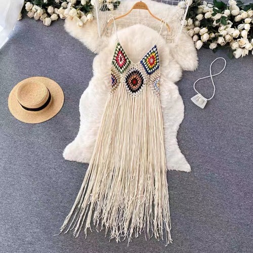 Ethnic Storm Semiyama Medium to Long Hand-woven Knitted Strap Fringe Lijiang Vacation Photo Blouse Women's