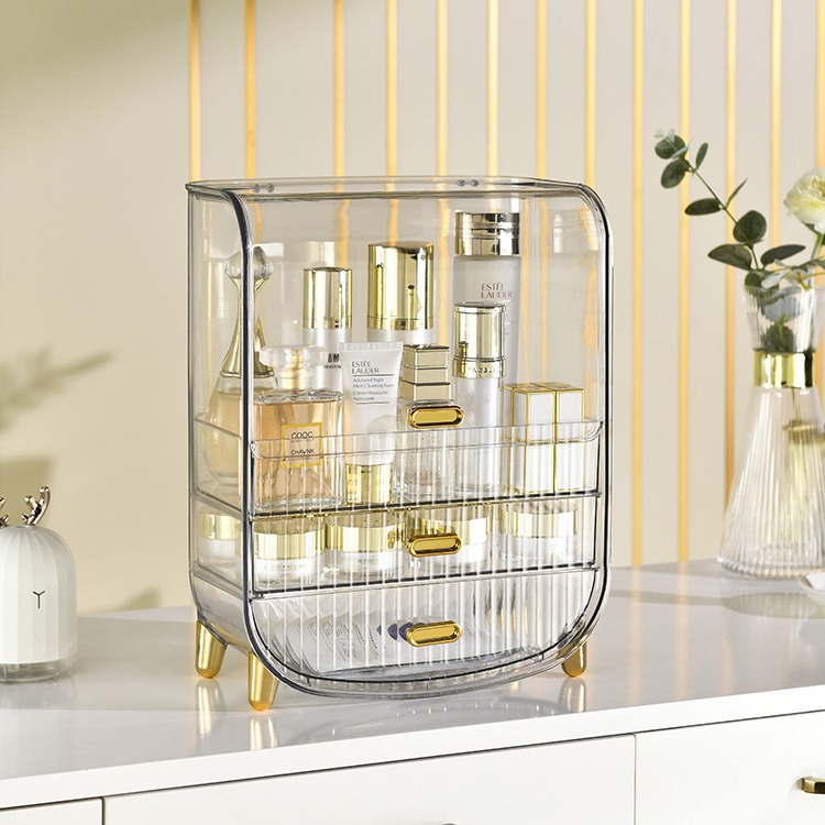 Fengqian caja cosmética transparente de lujo ligero con tapa caja de almacenamiento a prueba de polvo joyería estante de almacenamiento de escritorio ceja lápiz en polvo pastel lápiz labial