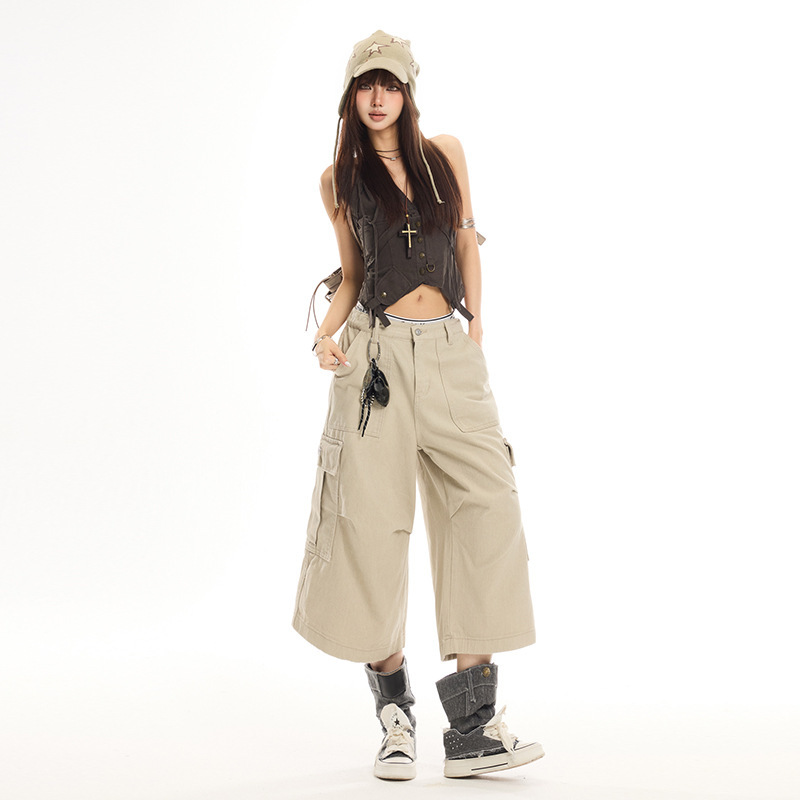 【Jin Yin】4 Colors/American-Style Personalized Street Retro Pleated Design Work Pants Unisex Loose Denim Cropped Pants 【Jin Yin】4 Colors/American-Style Personalized Street Retro Pleated Design Work Pants Unisex Loose Denim Cropped Pants
