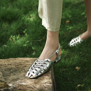 Genuine Leather Low Heel Roman Woven Sandals Women's Summer 2025 New Fashionable Elegant All-match Comfortable Hollow Single-layer Shoes