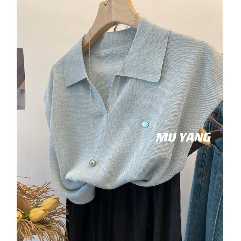 South Korea summer! Half Sleeve Polo Lapel Shell Decorated Ice Silk Pullover Sweater Women's Top