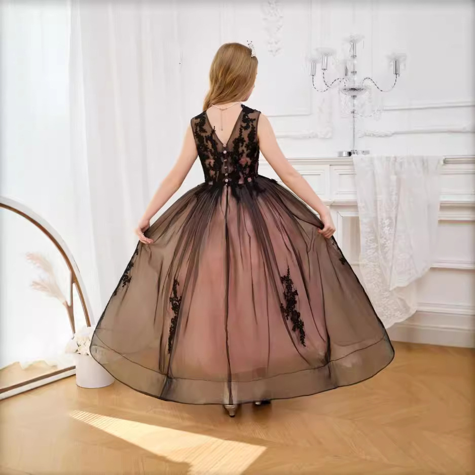 Comercio exterior transfronterizo encaje de manga media con diamantes vestido de niña vestido de princesa vestido de flor de niños espectáculo largo anfitrión de rendimiento Liu Yan