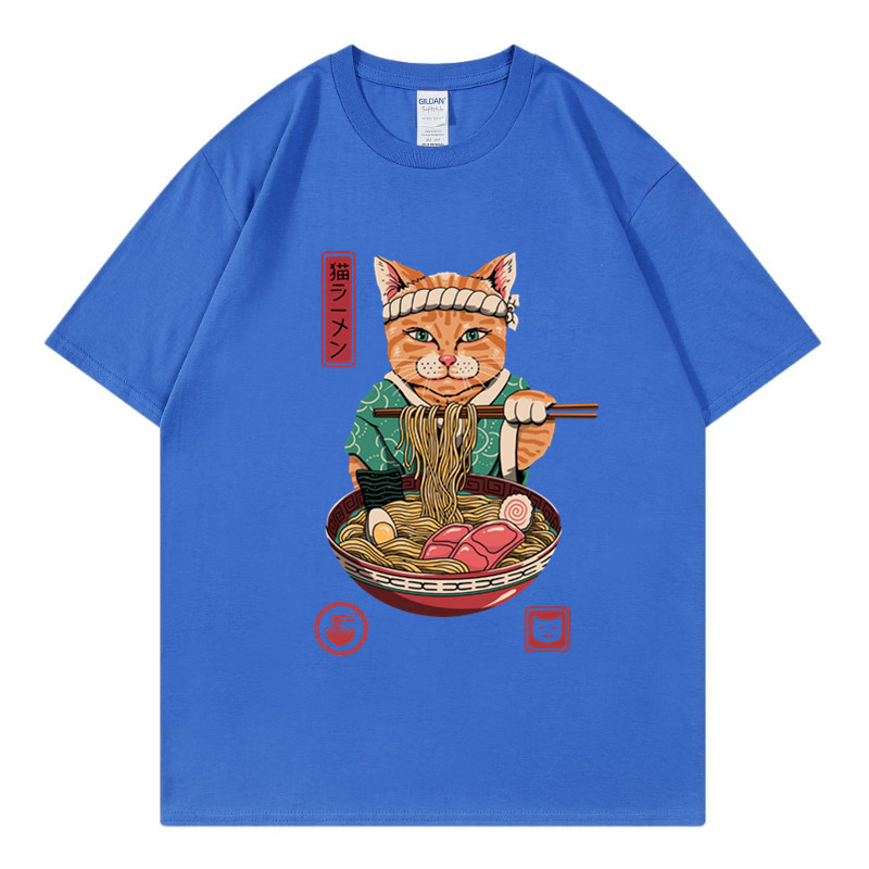 New Zhuoli station Kung Fu cat eating noodles printed t-shirt men's and women's Casual Short Sleeve round neck top_voghion.com