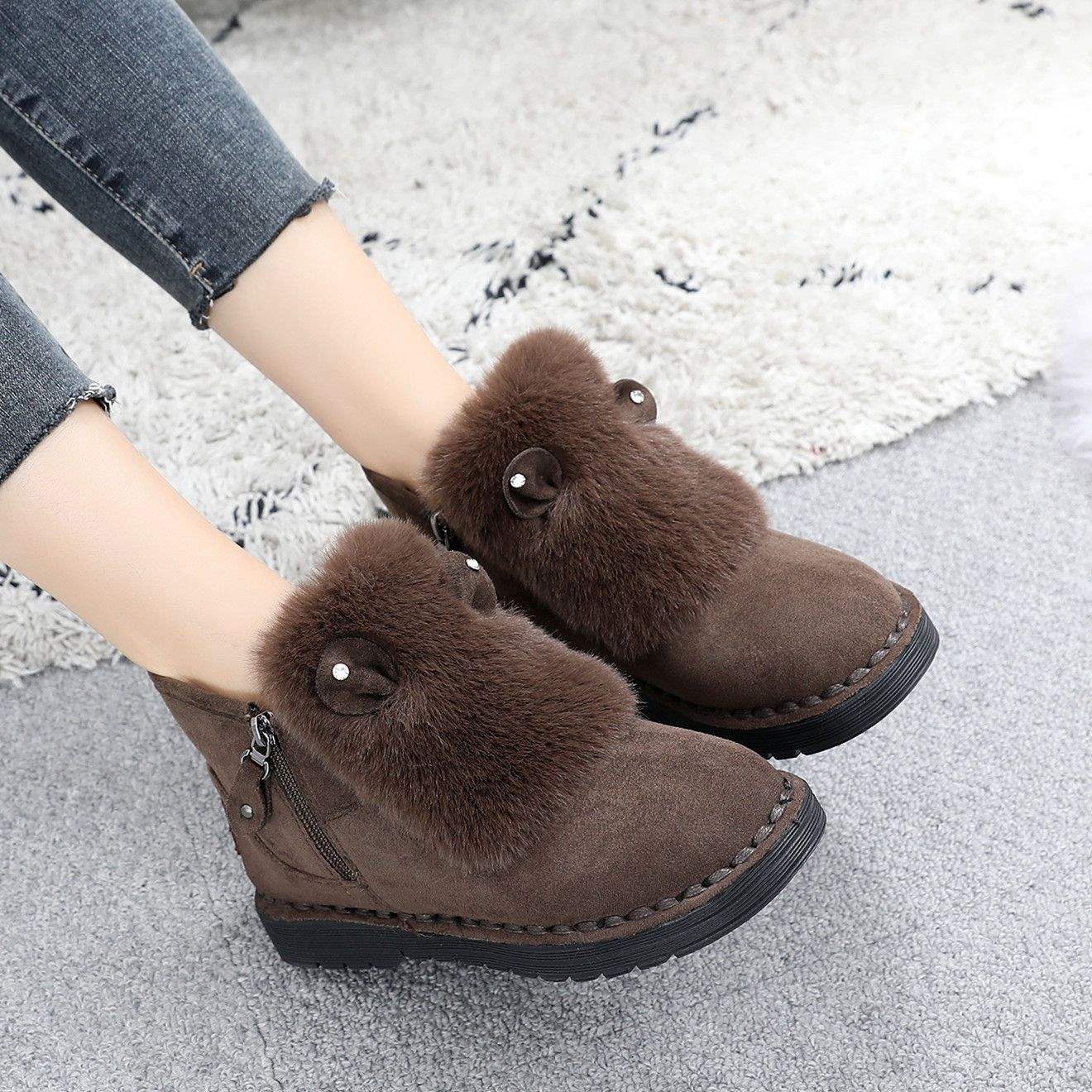 冬季女平底兔耳朵棉靴加绒妈妈保暖棉鞋加厚马丁靴侧拉链雪地靴女