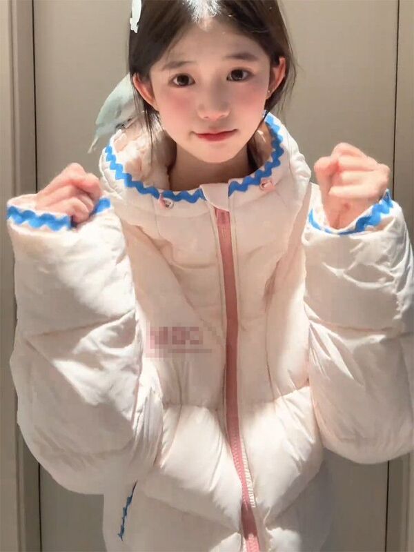 Korean Style Cute College Style Pink Hooded Cotton Coat, Warm and Thickened, Versatile and Loose, Winter Atmosphere Design Cotton Coat