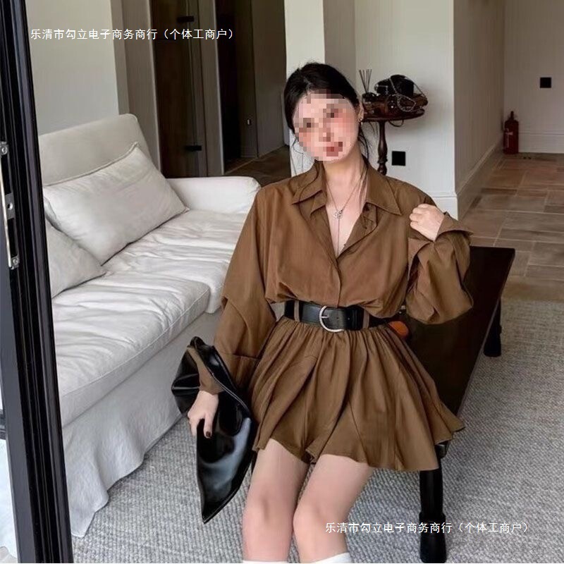 女装法式新款气质两件早秋拼接百褶腰带长袖短裙衬衫连衣裙带腰带|undefined