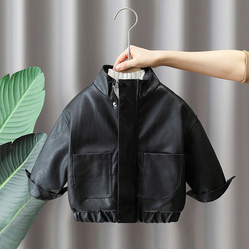 6675 Chaqueta de cuero rojo para niños 2025 Chaqueta de cuero con cuello alto festiva de invierno para niños más terciopelo image 3