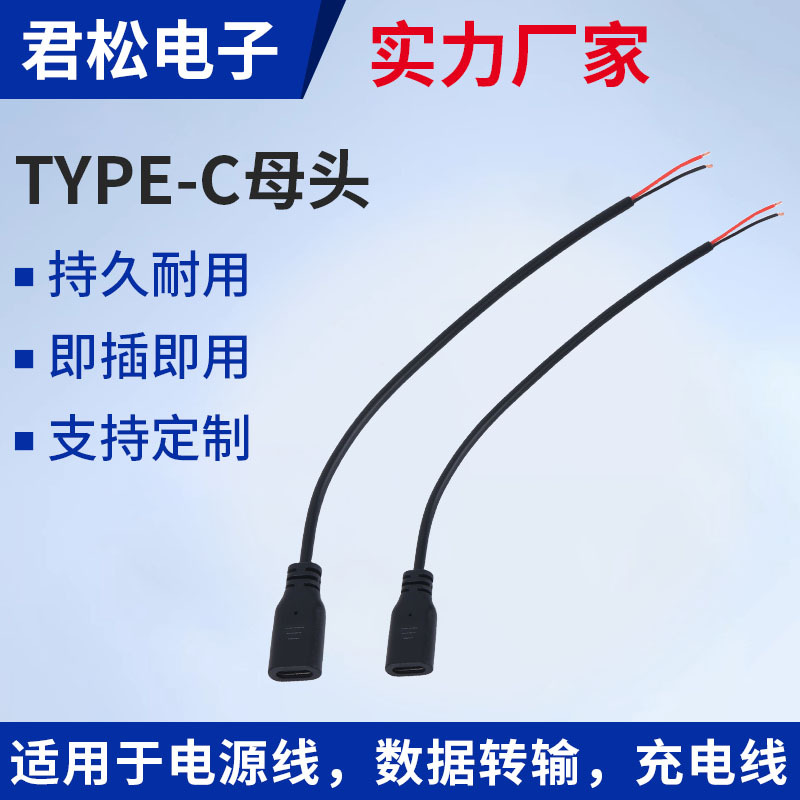 厂家定制Type-C单公头母头两芯手机充电延长线对接插座电源连接线