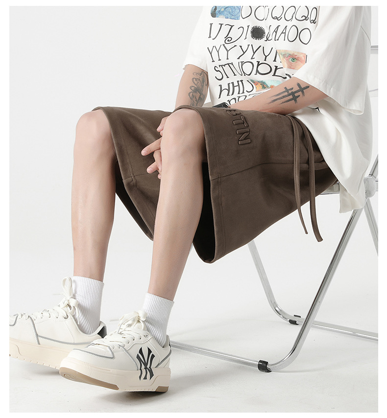 New summer casual shorts for men, suede loose stretch capri pants, American steel stamp straight-leg sport pants pic 6