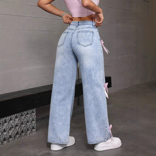 Cross-border Amazon Y2K street style hot girl bow tie washed jeans loose straight leg wide-leg pants JEANS