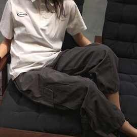 大口袋高腰工装裤女宽松韩版学生束脚运动裤阔腿休闲九分长裤子潮