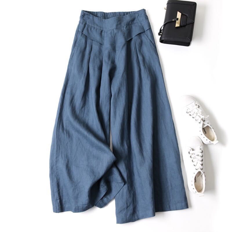 [spot wholesale] cotton and linen wide-leg pants skirt pants women's drop feeling loose half elastic high waist slim pants 2024