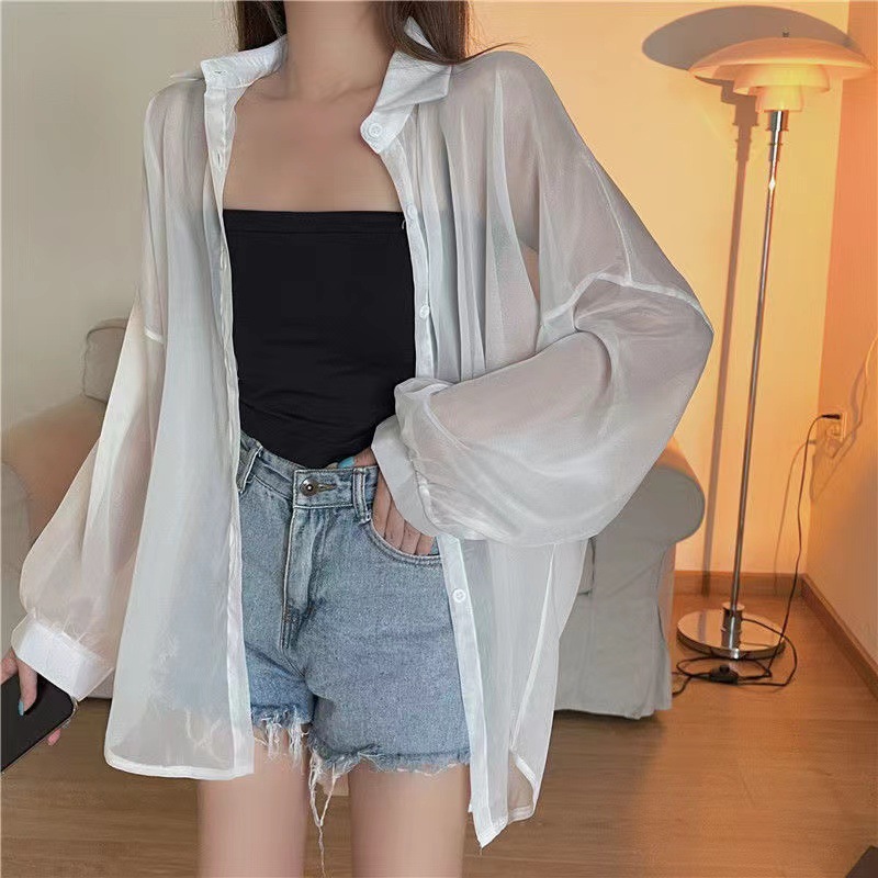 Hilo de perlas de diseño delgado micro-transparente de manga larga abrigo protección solar camisa Alibaba red al por mayor 1688