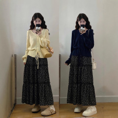 2025秋装新款胖mm大码女时尚温柔圆领针织上衣碎花半身裙套装