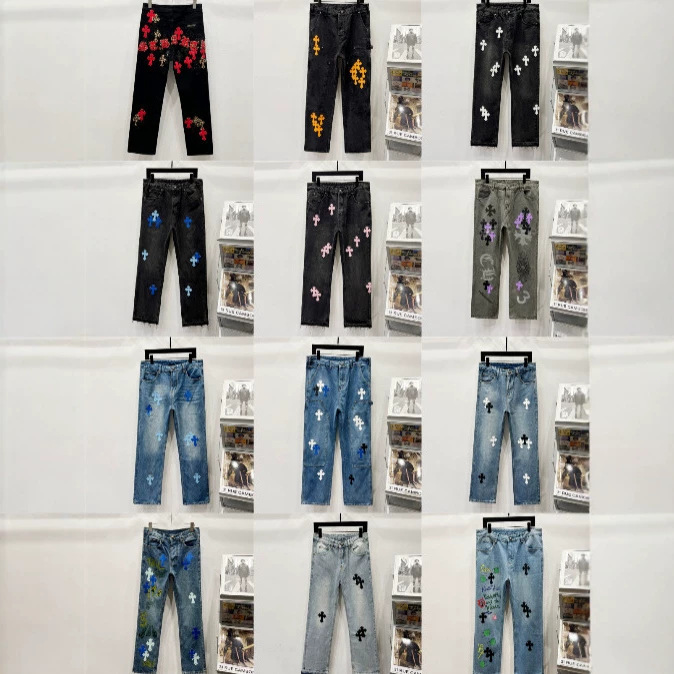 Correct version of CH Chrome Hearts cross patch leather embroidery washed jeans, unisex style, couple's jeans Correct version of CH Chrome Hearts cross patch leather embroidery washed jeans, unisex style, couple's jeans