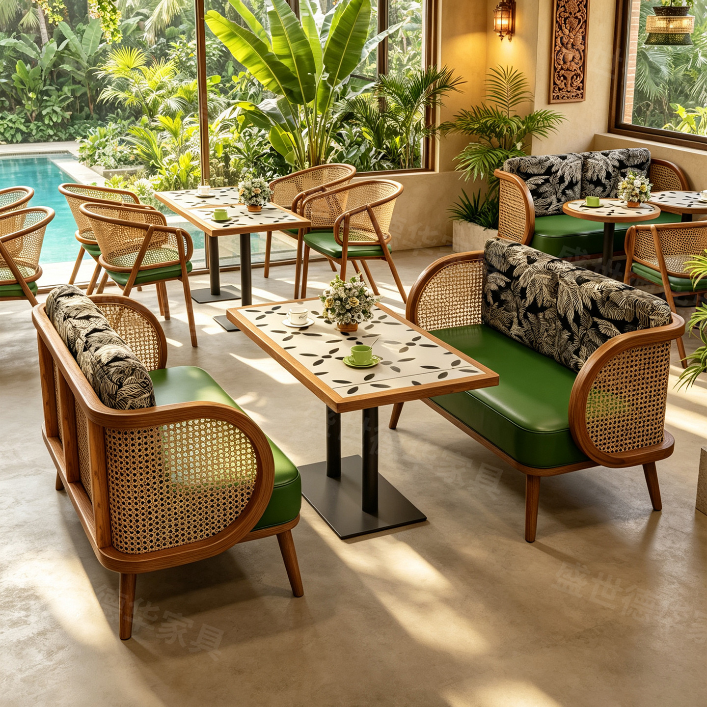Restaurant Southeast Asian tables and chairs, cafe rattan chairs, dessert restaurant, themed tea restaurant, solid wood booth sofas, vintage style