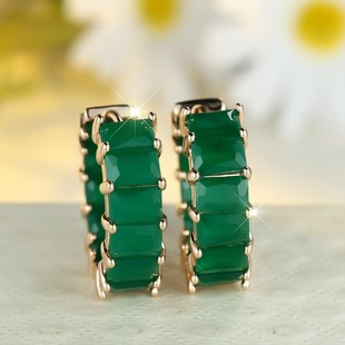 European and American Hot-Selling Rectangular Green Jade Row Diamond Hoop Fashion Earrings Retro Commuting Versatile Personalized Earrings Wholesale