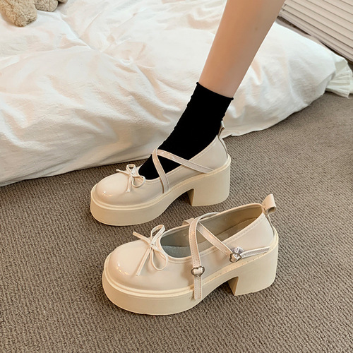 French Mary Jane small leather shoes for women in spring new thick sole heightened bow with skirt thick heel high heels