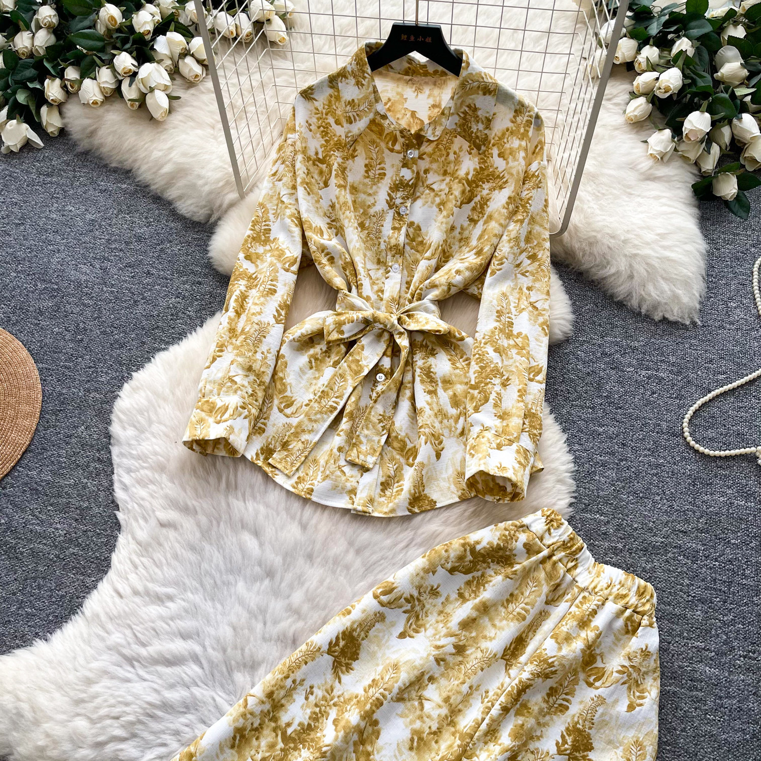 Women's Sophisticated Elegant Two Piece Set Autumn Tie up V Neck Top High Waisted Wide Leg Pants Slimming Stylish Look_ecoleips.com