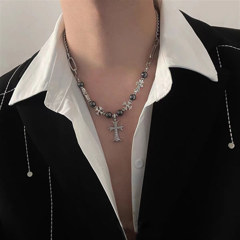 Black beaded cross stitching titanium steel necklace female 2024 new high design sense niche sweater chain