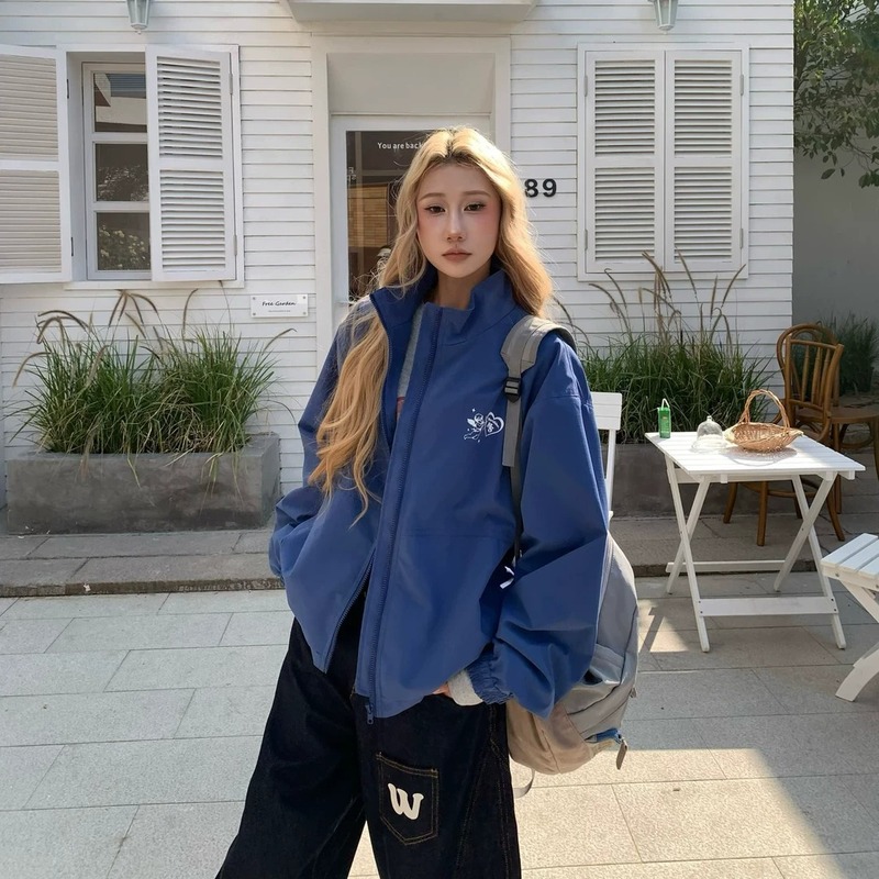 2025春美式字母印花立领工装外套男女宽松百搭休闲夹克红色蓝色|undefined