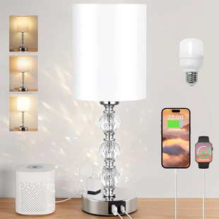Cross-border Exclusive for Light Luxury Crystal Table Lamp Straight Tube Fabric Lampshade Hotel Engineering Bedroom Touch Table Lamp USB Charging