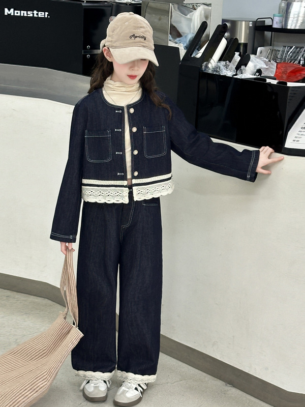 女童蕾丝花边牛仔套装春秋装2025新款女孩时髦圆领长袖外套阔腿裤|undefined