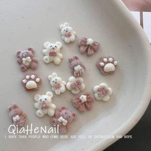 Retro Woolen Plush Nail Bear Nail Art Accessories Cute Flocked Bow Rabbit Milk Coffee Accessories Diamond