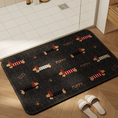 Bathroom Non-Slip Diatomaceous Earth Carpet, Water-Absorbent Foot Mat, Bathroom Toilet Mat, Faux Linen Cartoon Print Rug (Avtomobil döşəmə paspasları) - diatom-mud-black-striped-star-dachshund-color-frame-40cm60cm
