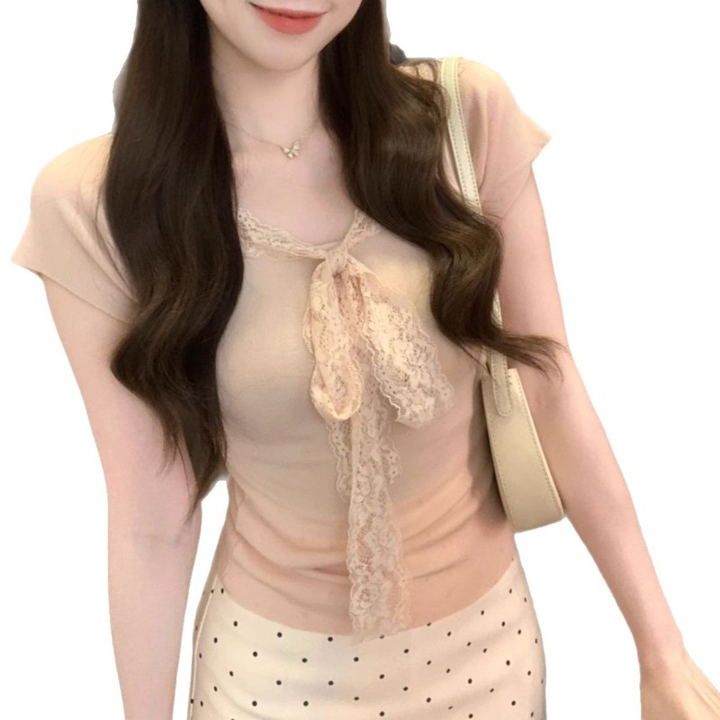 蕾丝拼接V领蝴蝶结绑带短袖t恤女2025夏季新款甜美风修身显瘦上衣|undefined