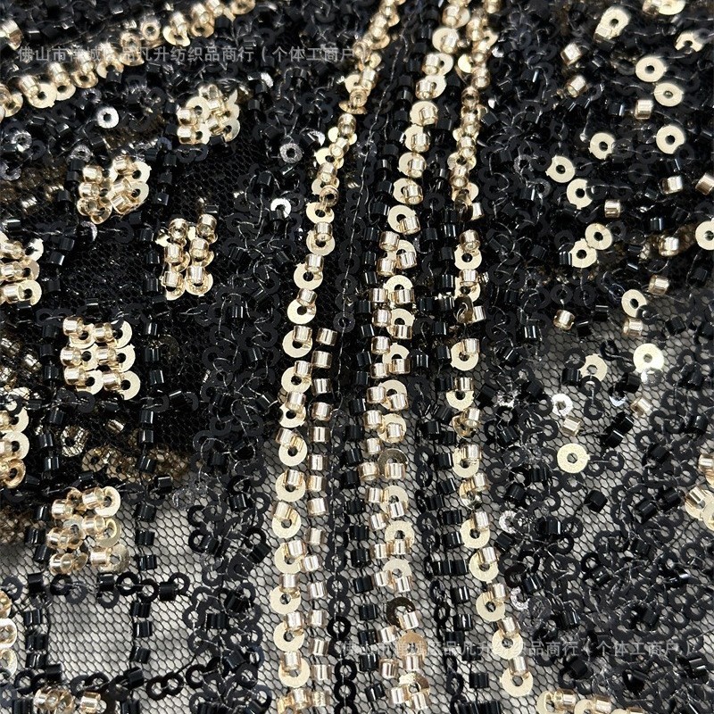 Tejido de malla de sequinilla de dos colores de moda de alta fijación de perlas de tela bordada europea y americana vestido de boda vestido de tela