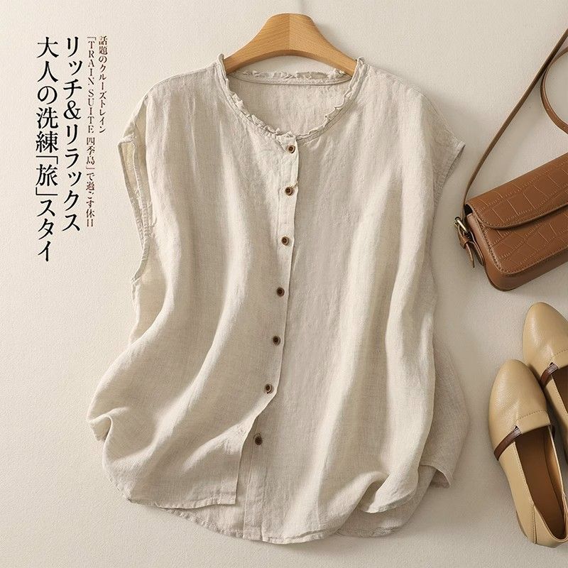 Foreign Trade Women's Clothing Counter Summer Retro Cotton and Linen Sleeveless Shirt Casual Loose Slimming Lace Collar Top for Women