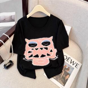 Real shot# Little Monster jacquard sweater 200kg large size women's cartoon casual loose short sleeve T-shirt jacket summer