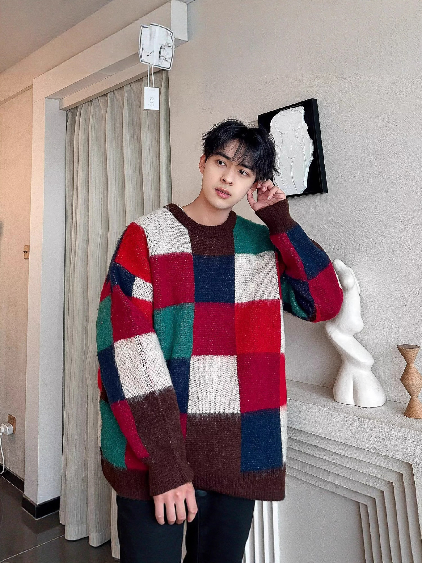 Suéter de tablero de ajedrez de Navidad para hombres invierno de alta calidad camiseta de punto suelta perezosa americana chaqueta de hilo retro