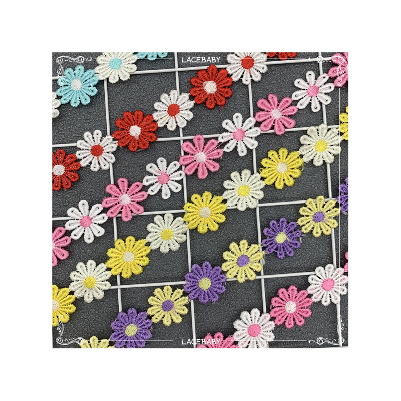 Colorido encaje de diez hojas de la flor de poliéster código de barras de encaje bordado Accesorios en stock al por mayor de encaje hecho a mano de los niños