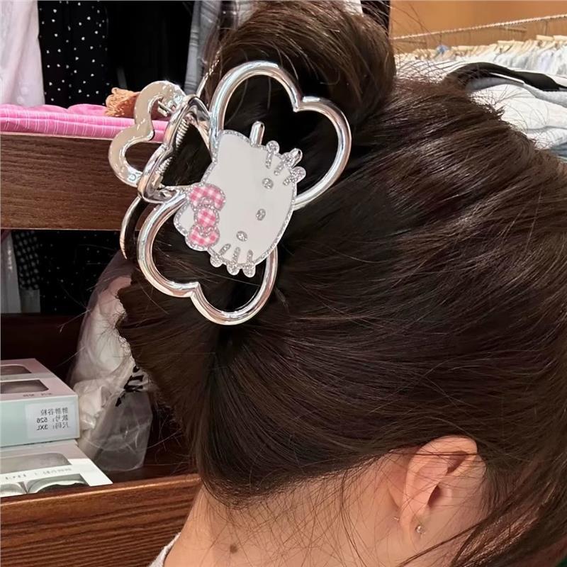 新しいキラキラKTガーリー猫両面グリッパー、後頭部に髪を結ぶためのハイエンドシルバーリボンサメクリップ|undefined