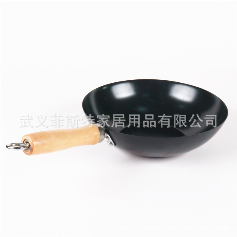 공장 직접 수출 25CM 탄소 강철 평면 바닥 wok 1MM 고온 비 스틱 주방 우이 공장
