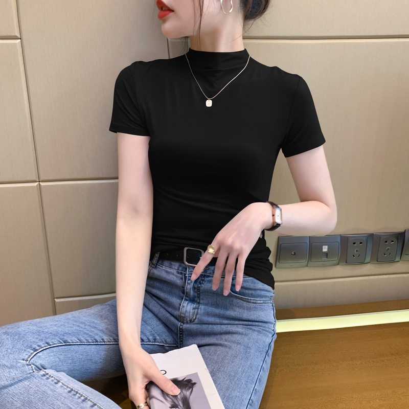 블랙 하프 터틀넥 반소매