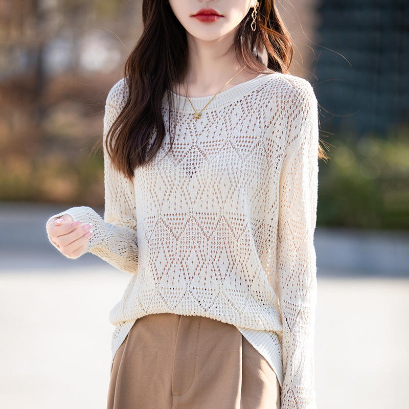 Hollow out knitwear women's thin loose spring 2024 new pure cotton sweater outer wear base coat blouse Hollow out knitwear women's thin loose spring 2024 new pure cotton sweater outer wear base coat blouse