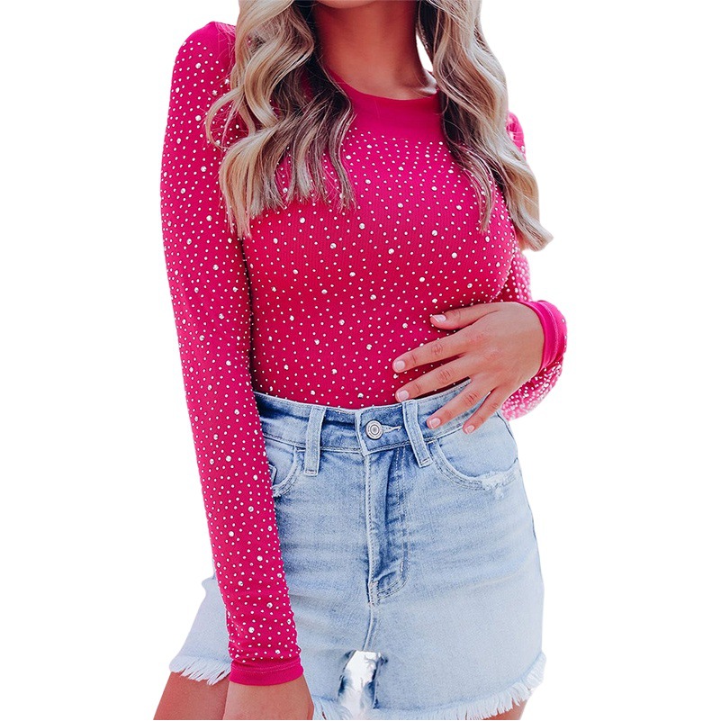 Shiying de moda micro-elástico de las mujeres medias transfronterizas otoño nuevo rhinestone caliente en relieve cuello redondo mono de manga larga para las mujeres