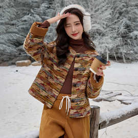 棕咖色小香风羽绒服女冬季2025新款高端法式复古羊毛粗花呢厚上衣