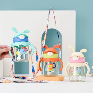 Summer simple high-value children's cartoon plastic cup outdoor portable strap handle straw sports water cup