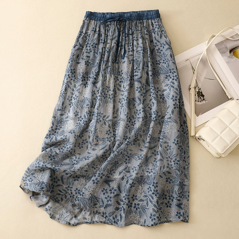 Льняная юбка из хлопка и льна, лето 2025, новая юбка из рами, женская стильная юбка с цветочным принтом, полуюбка, юбка-зонтик, женская юбка