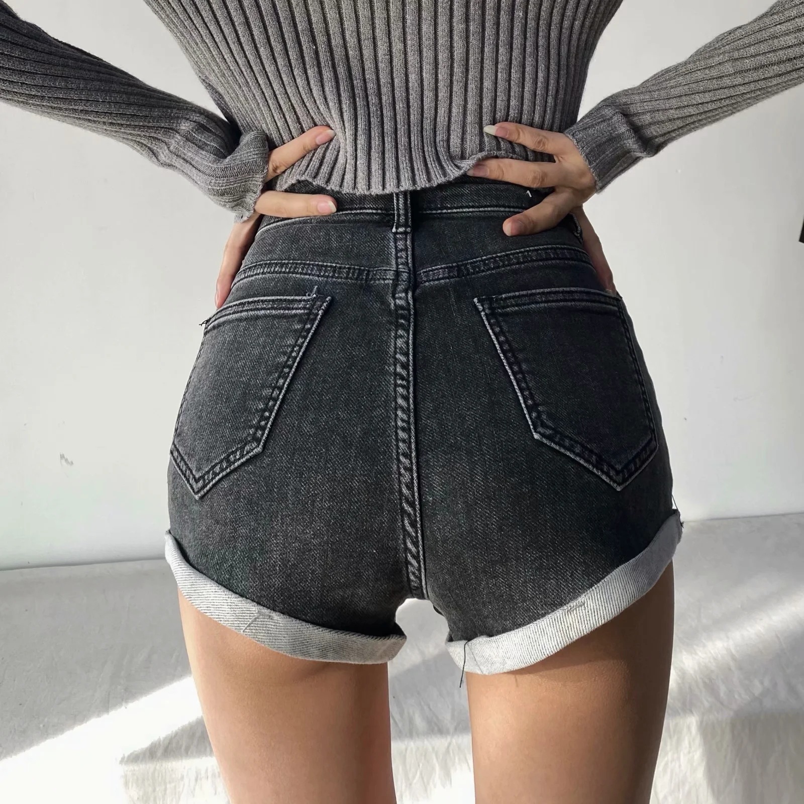 high waist loose curled denim shorts NSAC36830