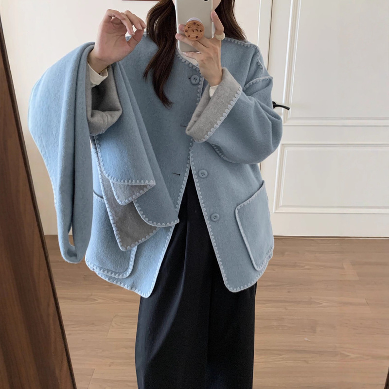 Double-Sided High-End Wool Coat with Scarf, Mid-Length Autumn and Winter Thickeneded Warm Cashmere Double-Sided Coat