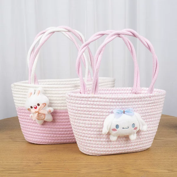 Cute Rabbit Twist Handheld Cotton Woven Bag New Style Fresh Handheld Straw Woven Bag Picnic Vegetable Basket Women's Bag