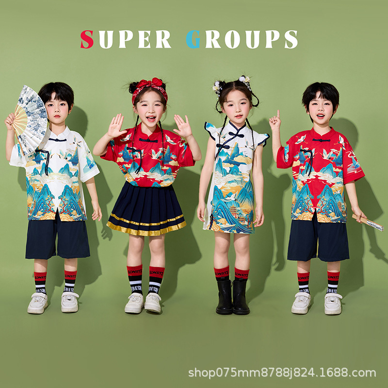 Children's June 1 Children's Performance Clothes suit Summer Boys' Chinese Style Tang Suit Recitation Primary School Students' Girls' Cheongsam Performance Clothes