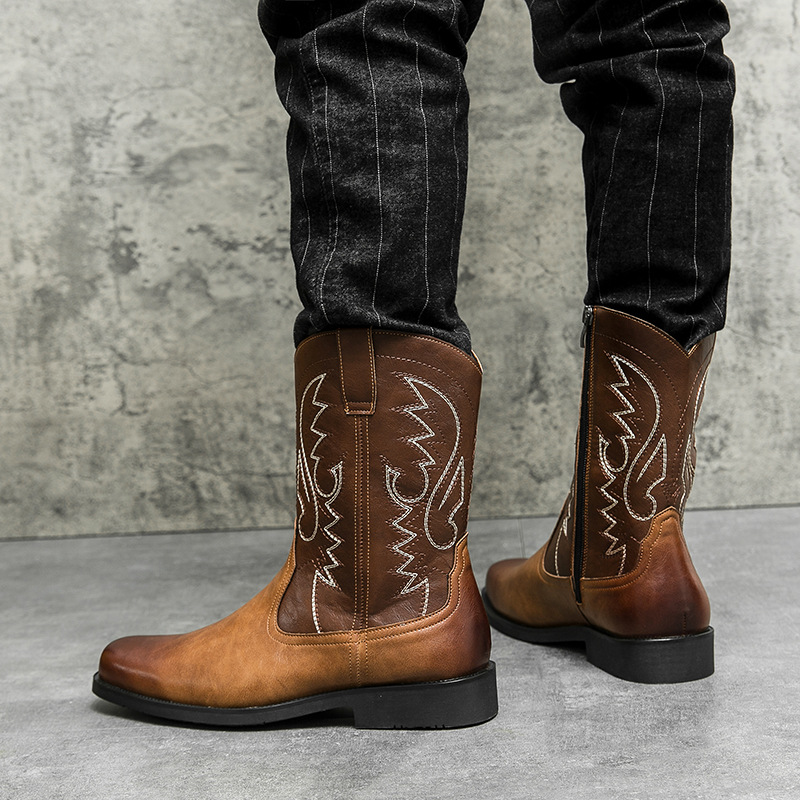 Botas de cuero para hombre Botas de vaquero de estilo occidental de gran tamaño de moda transfronteriza Zapatos de cuero altos de moda Botas de montar de estilo británico retro