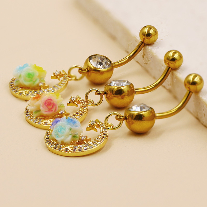 Moon And Rose Design Belly Button Ring For Piercing Jewellery_voghion.com